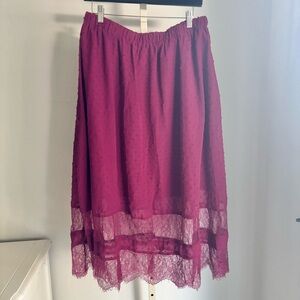 Swiss Dot Lace Trim Elastic Waist Midi Skirt in Berry, Size 1X Holiday Party